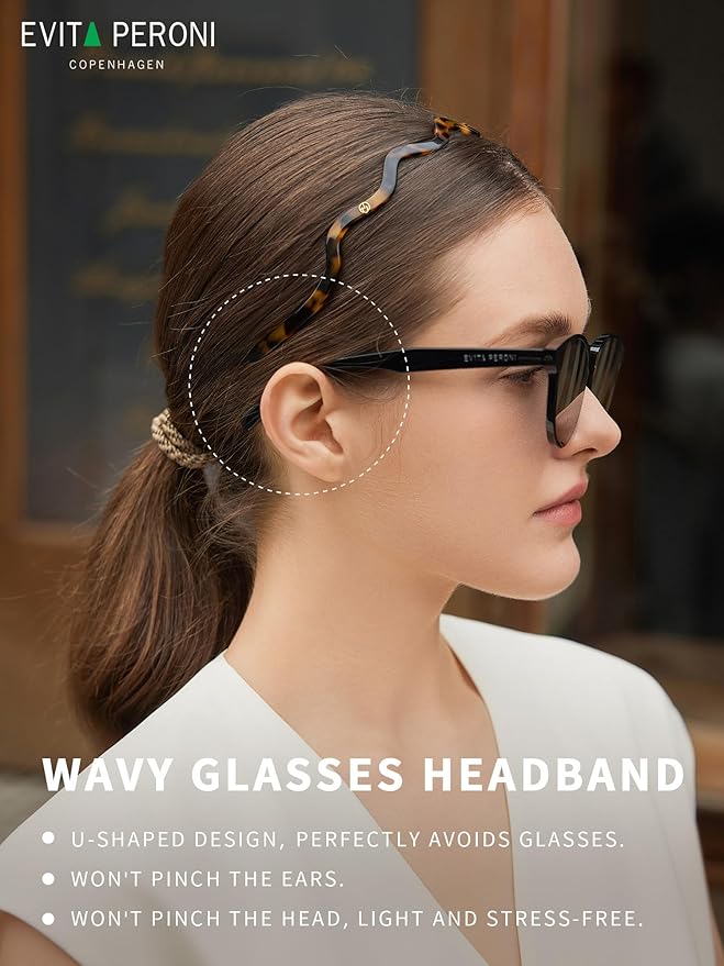 EVITA PERONI Wavy Glasses Headband Hair Band Designed for Eyewear, Comfortable Headbands for Women Fashion Thin Headbands Non Slip No Pressure, No Headache-Tortoise