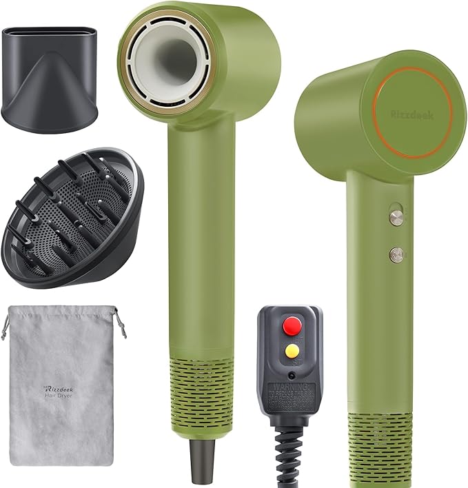 Diffuser Hair Dryer Professional with Temperature Control, Ionic Technology, Low Noise (Green with Diffuser Nozzle)