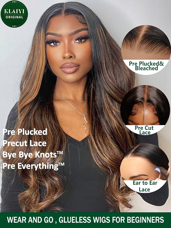 KLAIYI Pre Everything 13x4 Glueless Wig Ombre Brown Body Wave Pre Cut Lace Front Wigs Human Hair Pre Plucked Pre Bleached Wear and Go Wig with Dark Roots 12A Highlight Balayage 3S Ready To Wear 18Inch