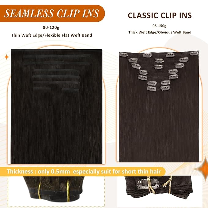 Full Shine Seamless Clip in Hair Extensions Brown Hair Clip in Extensions Pu Weft Real Hair Extension Clip ins Silky Straight Natural Hair 120 Grams 14 Inch 8 Pcs