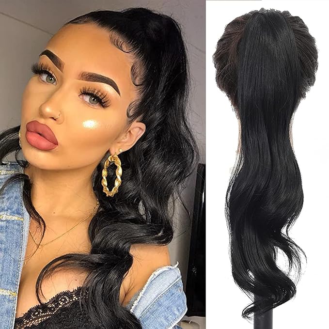 Chicmoi Black Ponytail Extainson 32 Inch Flexible Wrap Around Ponytail Hair Extension Long Wavy Pony Tails hair Extension 1B Natural Black Synthetic Hairpieces For Women and Girls