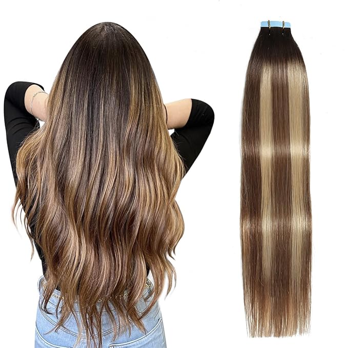 SUYYA Tape in Hair Extensions Human Hair Balayage Darkest Brown to Chestnut Brown and Light Blonde 40g/pack 20pcs Straight Seamless Skin Weft Tape in Real Human Hair Extensions(16inch #P6/16/T2)