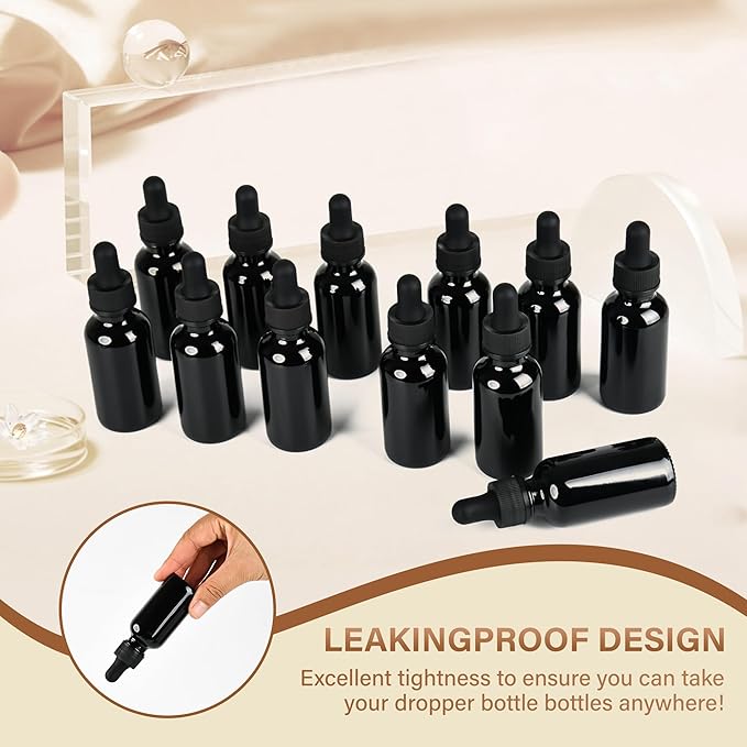 12 Pcs, 1oz Black Glass Eye Dropper Bottle, Tincture Bottles with Leak-Proof Design, Stronger Suction, for All Kinds of Mixed Liquids