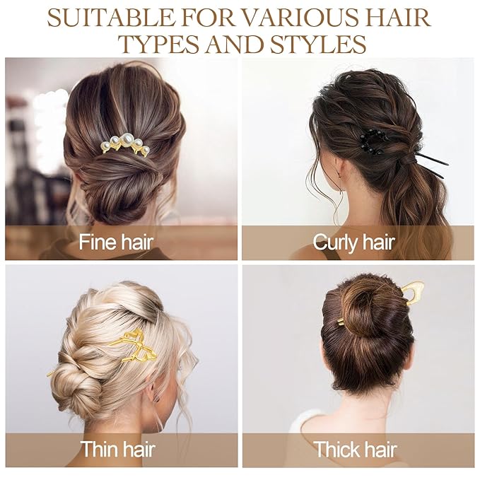 10 PCS French Hair Pins for Women, Lightweight French Twist Hair Pins U-Shaped Pearl French Pins, Bun and Updo Hair Styling Pins Metal Hair Fork Hair Accessories