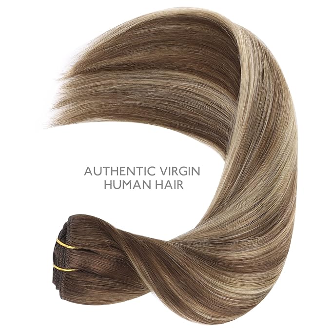 WENNALIFE Clip in Hair Extensions Real Human Hair, 20 Inch 120g 7pcs Balayage Chocolate Brown to Honey Blonde Remy Hair Double Weft Straight Natural Extensiones De Cabello Humano Con Clip Ins