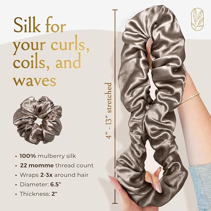 Silk Scrunchies for Women Ponytail Holders – Oversized Mulberry Silk Scrunchies – Extra Large No Damage Hair Ties for Curly, Thick, and Thin - Hair Accessories for Women – London Fog, XL By Curlfriend