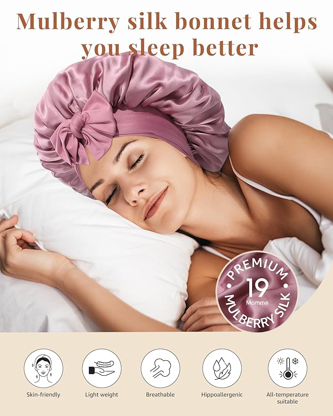 AWAYTR Silk Bonnet for Sleeping Women 100% Mulberry Silk Bonnet with Band 2 Layer Reversible Hair Bonnet Sleeping Hair Wrap (Silk, Dust rose/Pink)