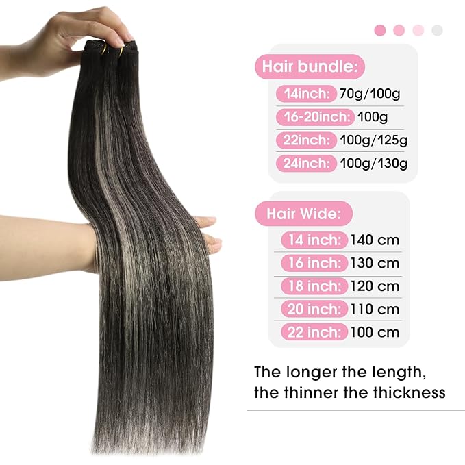 YoungSee Weft Hair Extensions Black Balayage Sew in Hair Extensions Real Human Hair Natural Black and Silver Balayage Human Hair Weft Extensions for Short Hair 70G 14Inch