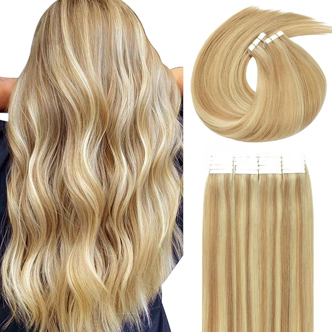 Lacer Invisible Tape in Hair Extensions Human Hair Silky Straight Golden Blonde to Platinum Blonde Hair Extensions Tape in 12 Inch 60G Seamless Tape Hair Extensions