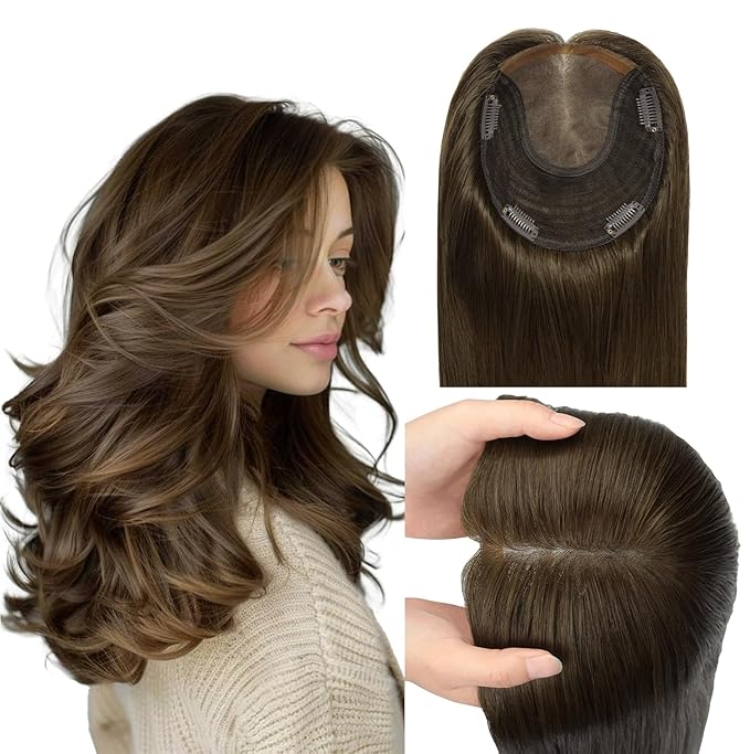 WORLDSTAR Hair Topper for Women Real Human Hair 360°3D Coverage Hairpieces Hand-stitched, No Bangs,75g,6 * 7 Inch Base,16 Inch #4 Medium Brown with Top Extension for Thinning Hair (tp#4-16)