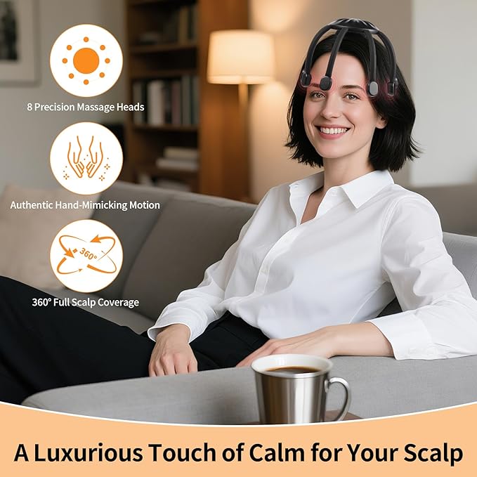 Electric Scalp Massager – Automatic Octopus Head Massage Tool for Hair & Scalp Comfort, Promotes Relaxation, Soothes Tension & Tiredness, with 8 Massage Heads, Scratchers, and 360° Massage Design