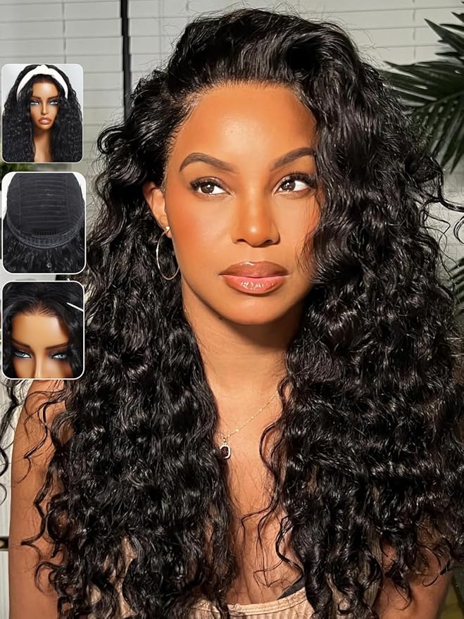 KLAIYI Water Wave 3 In 1 Flip Over 3/4 Half Wig Human Hair Curly Flip Over Seamless Blend Edges Glueless Wear and Go Drawstring Headband Clip In Wigs for Women Ready to Go Wig Beginner Friendly 26Inch