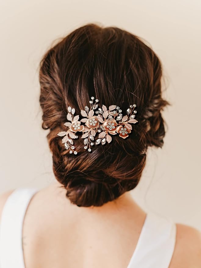 SWEETV Metal Hair Comb, Rhinestone Bridal Hair Clip - Handmade Wedding Hair Accessories for Brides and Bridesmaid, Rose Gold