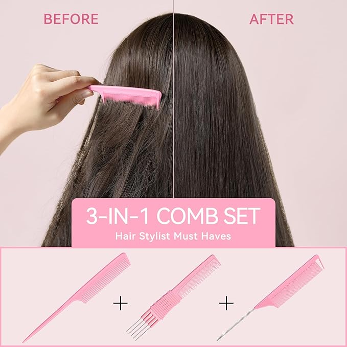 TsMADDTs Hair Combs Set, 3PCS Fine Tooth Rat Tail, Parting, Lift Teasing Combs for Women and Men Hair styling