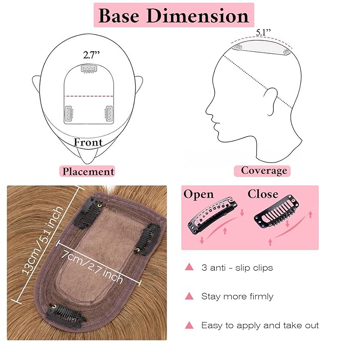 SEGO 100% Real Human Hair Toppers, with Air Bangs, Silk Base 150% Density, Clip in Topper, 2.7”x5.1”, HairPieces for Women, with Thinning/Hair Loss Cover Gray