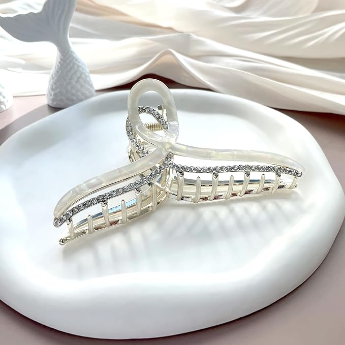 Large Metal Acetate Hair Claw Clips with Rhinestones, Gold Metal Hair Claw for Thick Hair, Strong Hold Non Slip Gold Hair Clips & Acetate Rhinestone for Women（Mermaid White）