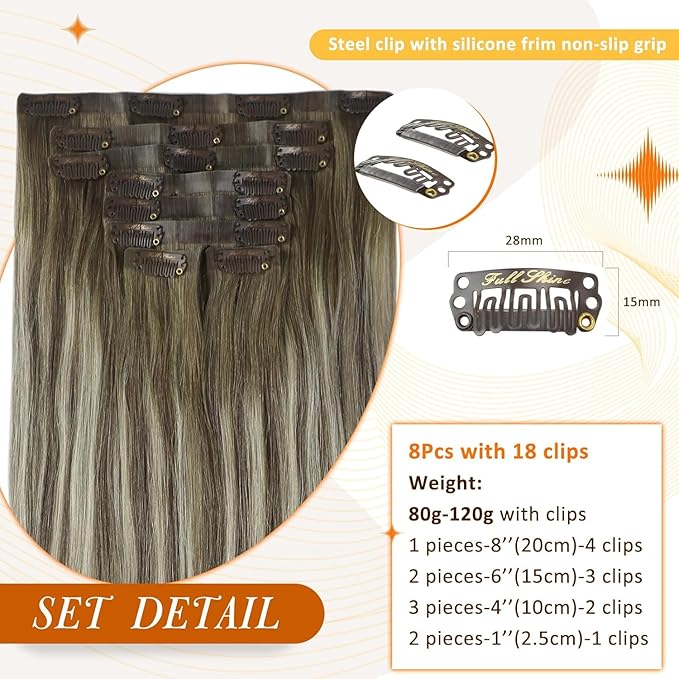 Full Shine Short Hair Extension Clip ins Brown Ombre Hair Clip in Extensions with PU Weft Ash Brown Balayage Blonde Remy Hair for Women 12 Inch 8 PCS 95 G