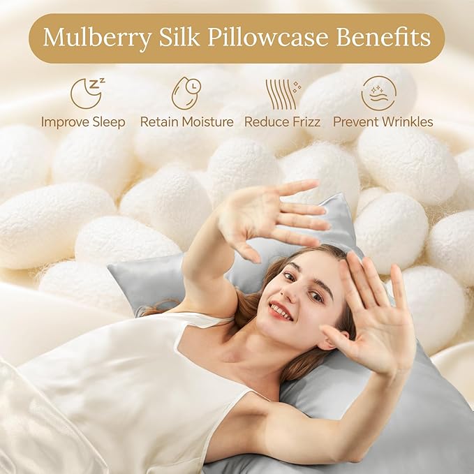INFIIXSO Mulberry Silk Pillow Cases King Size Set of 2, Silk Pillowcase with Hidden Zipper 20"x36", Extraordinary Smooth and Soft Pillow Case for Hair and Skin(Light Grey, 2 Pack)