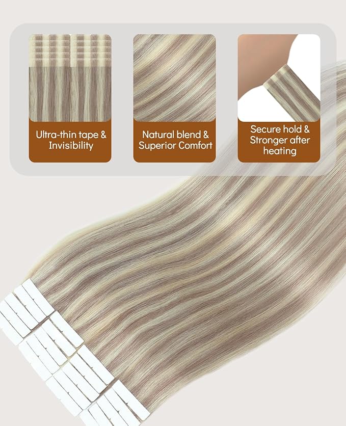 VINBAO Injected Tape in Hair Extensions Ash Blonde Highlights Platinum Blonde Invisi Edge Tape in Extensions Human Hair 45g 20pcs Hand Tied Tape Weft 16inch #18P60