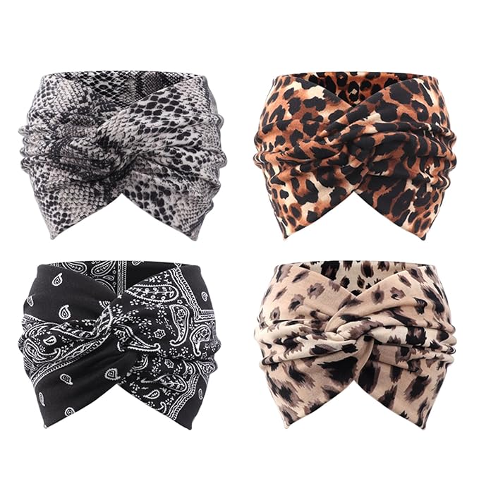 DRESHOW 4 Pack Turban Headbands for Women Wide Vintage Head Wraps Knotted Cute Hair Band Accessories