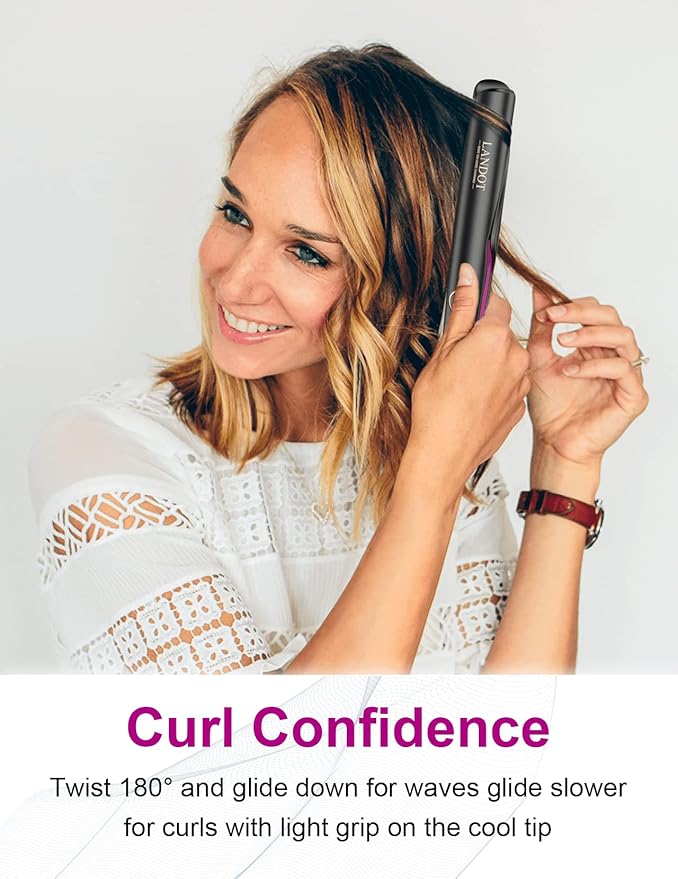 LANDOT 2-in-1 Hair Straightener & Curling Iron - Create Salon Waves, Curls & Straight Styles at Home | Floating Plates, Anti-Frizz & Tangle-Free | Dual Voltage, Temp 250-450°F for All Hair Types