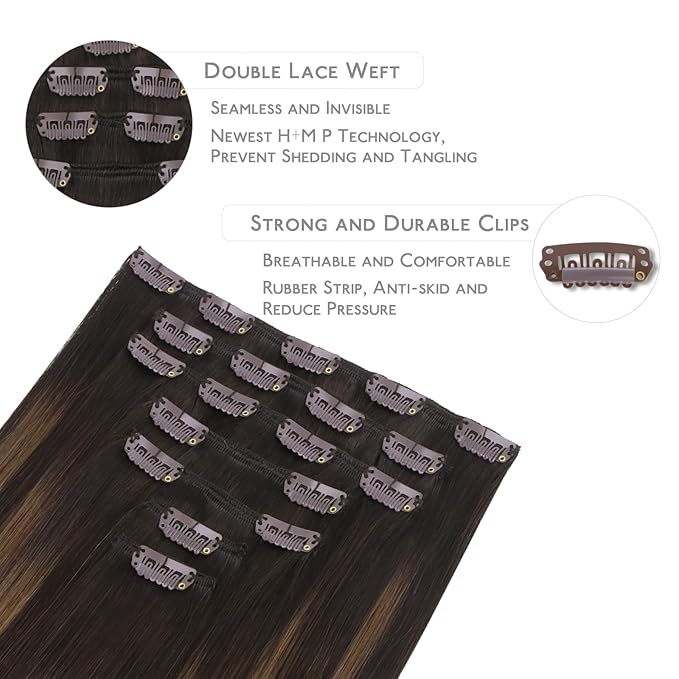 WENNALIFE Clip in Hair Extensions Real Human Hair, 24 Inch 120g 7pcs Dark Brown to Chestnut Brown Balayage Hair Extensions Clip In Human Hair Remy Clip Real Human Hair Double Weft