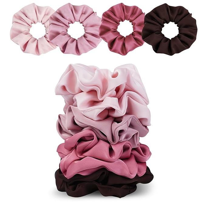 Satin Scrunchies for Women – 8PCS Blush & Brown Silk Hair Ties Set – No Crease, Frizz-Free, Gentle Elastic Hair Bands, Soft & Stylish Everyday Hair Accessories Gifts