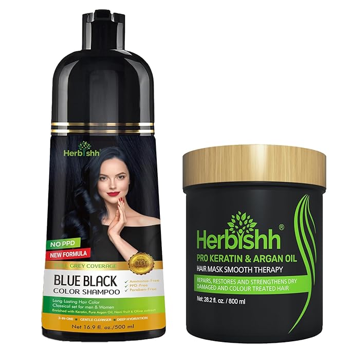 Herbishh Blue Black 3 In 1 Hair Dye Shampoo 16.9 Fl Oz & Argan Oil Mask 28.2 Fl Oz Combo - Champu Para Canas Mujer - Hair Dye Shampoo for Men & Women - Hair Mask For Moisturizer Dry, Damaged Hair