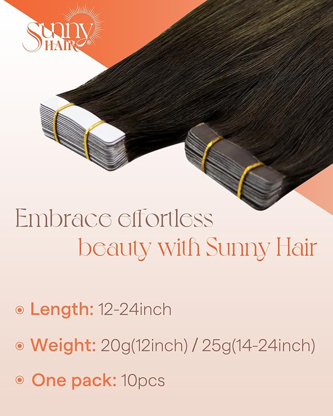Sunny Hair Tape in Hair Extensions Real Human Hair Invisible Remy Hair Extensions Tape ins for Women Darkest Brown Ombre Medium Brown Balayage 22 inch 25G