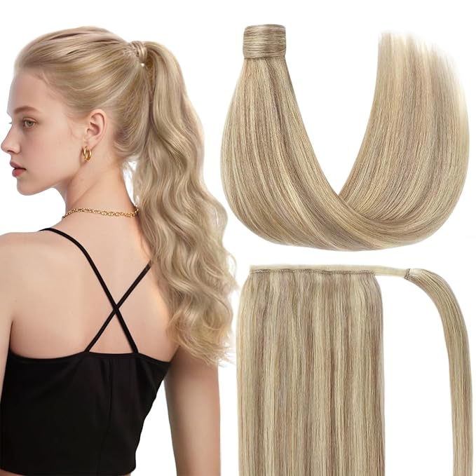 Ve Sunny Hair Extensions Ponytail Real Human Hair Wrap Around Clip in Ponytail Hair Extensions Straight Extensions Human Hair for Women Blonde Highlights for Women Warm Color 22inch 80G