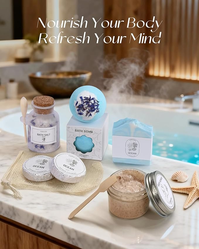 Coralogo Ocean Spa Gifts for Women - 15pc Self-care Spa Gift Basket with Scented Candle, Bath Salt, Greeting Card - Thinking of You Basket for Her Birthday, Christmas, Mother's Day, Valentine's Day