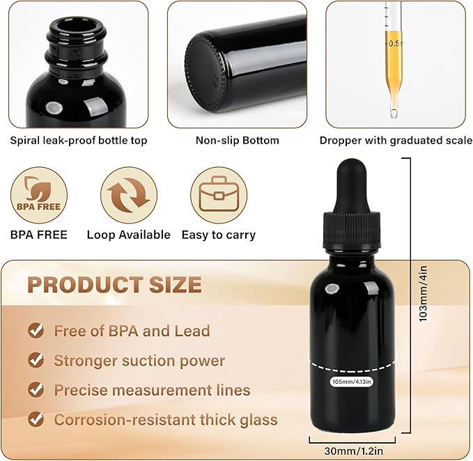 12 Pcs, 1oz Black Glass Eye Dropper Bottle, Tincture Bottles with Leak-Proof Design, Stronger Suction, for All Kinds of Mixed Liquids