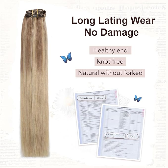 XDhair Human Hair Clip in Extensions 100g Balayage Color Golden Brown to Light Blonde Highlight 27 Blonde Double Weft Clip in Hair Extensions #10/27/27 14 Inch
