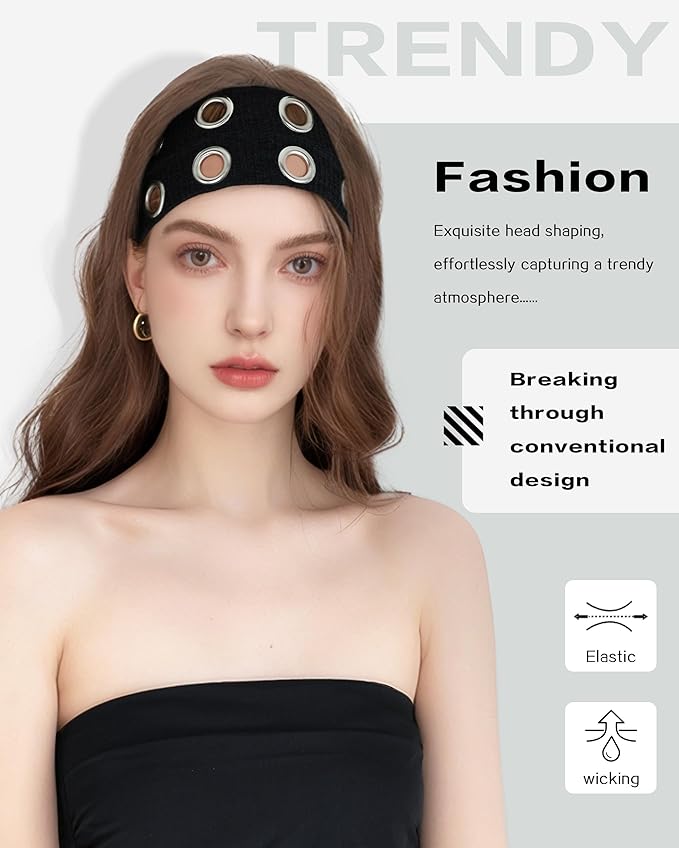Grommet Headband for Women, Wide Black 20cm Hollow Out Elastic Hair Band, Eyelets Punk Grunge Stylish Hairband