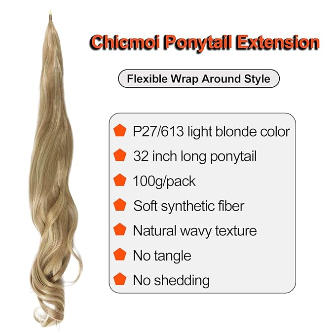 Chicmoi Blonde Ponytail Extainson 32 Inch Flexible Wrap Around Ponytail Hair Extension Long Wavy Pony Tails hair Extension Synthetic Hairpieces For Women and Girls