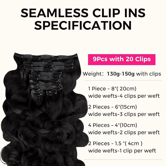 Lashey Seamless Clip in Hair Extensions Human Hair 130g 9pcs 16 Inch Body Wave #1 Jet Black Clip in Extensions for Women Natural Hair Extensions