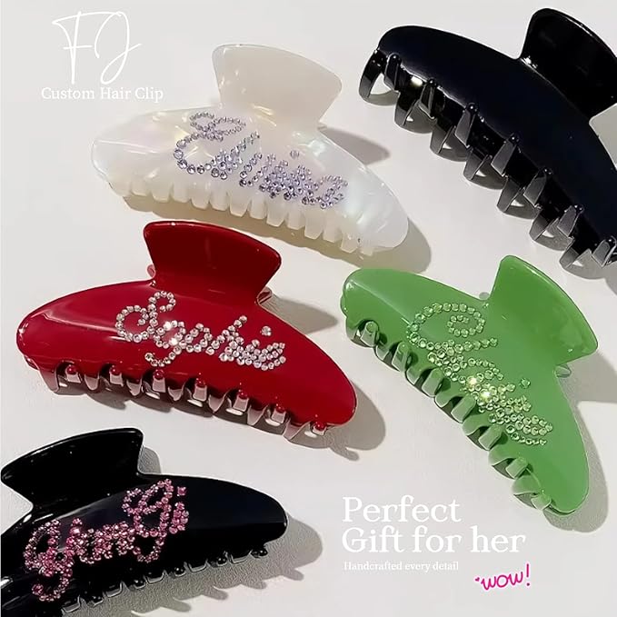Personalized Colorful Name Hair Claw Clips for Women,Custom Hair Clips with Diamond,Cute Hair Accessories 4",Handmade Rhinestones Hair Clamp Gifts for Mom,Bride,Wife,Bridesmaid,Couples（Green）