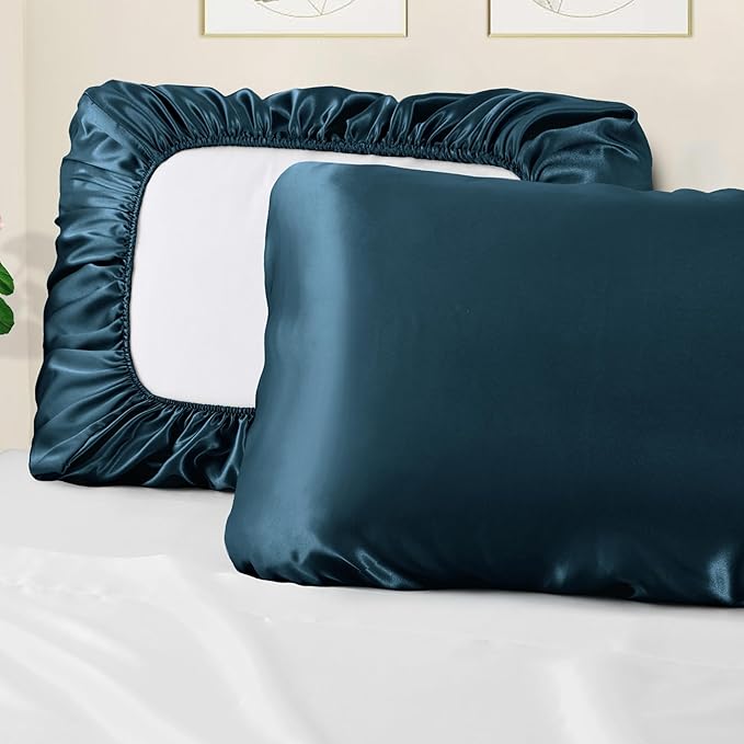 Manyshofu Satin Pillowcases for Hair Protection - 1Pcs Navy Blue Pillow Cases, Elastic Band Standard & Queen Satin Pillowcases Luxury Silky Pillow Cases Travel Pillow Covers