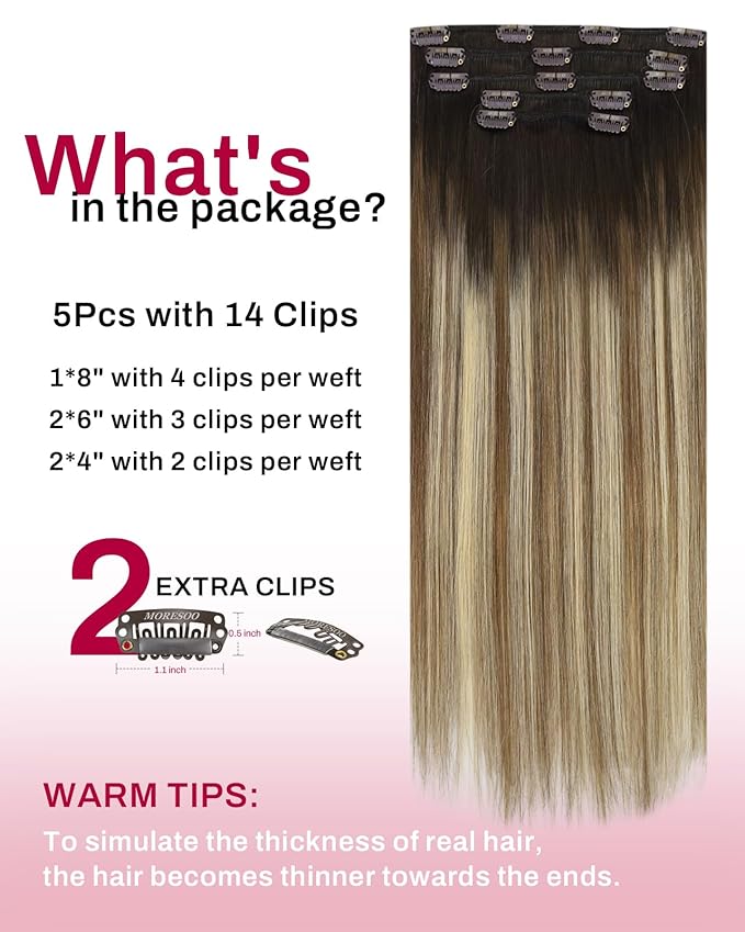 Moresoo Clip in Hair Extensions Balayage Remy Human Hair Extensions Clip in Dark Brown Ombre Medium Brown mix Golden Blonde 5 Pieces 80G 12Inch