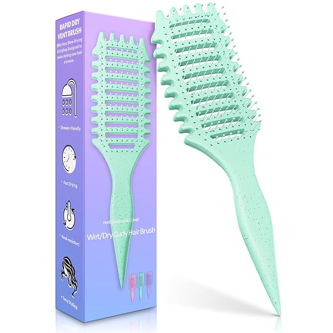 Curl Defining Brush, 4-in-1 Curly Hair Brush – Flexible Styling Brushes for Women and Men, Curls Detangling Hairbrush Featuring a Crescent Shape and Ultra-Smooth Bristles for Wet & Dry Hair - Green