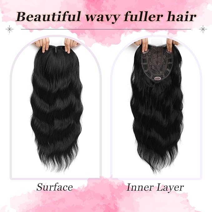 Hair Topper, 360° 3D Hair Toppers for Women with Thinning Crown, 20 Inch Long Wavy Curly Hair Pieces Clip in Bangs (Black, 20 inch, Side Bangs)