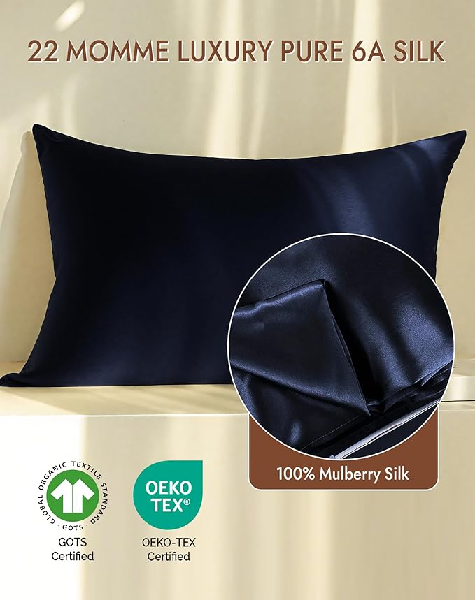 SilkSilky 100% Mulberry Silk Pillowcase - Pure 22 Momme High-Grade 6A Fibers for Hair & Skin, Envelope Closure, Natural, Organic, Breathable & Cooling Pillow Case (King, Dark Blue)