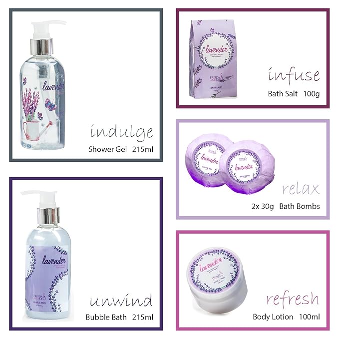 Aromatherapy Essentials Spa Set for Women in Large Silver Tub Bath Set Includes 2 Bath Bombs, Body Lotion, Bath Salts, Shower Gel, and Bubble Bath (Lavender)