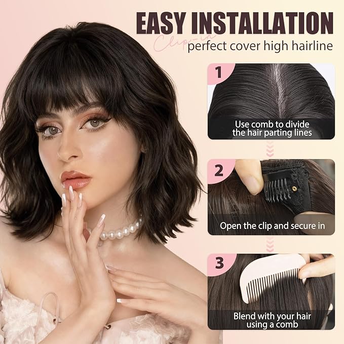 Clip in Bangs, Synthetic French Bangs Hair Clip, Natural Black Fake Bangs Fringe with Temples Hairpieces for Women Natural Curved Hair Extensions for Daily Wear