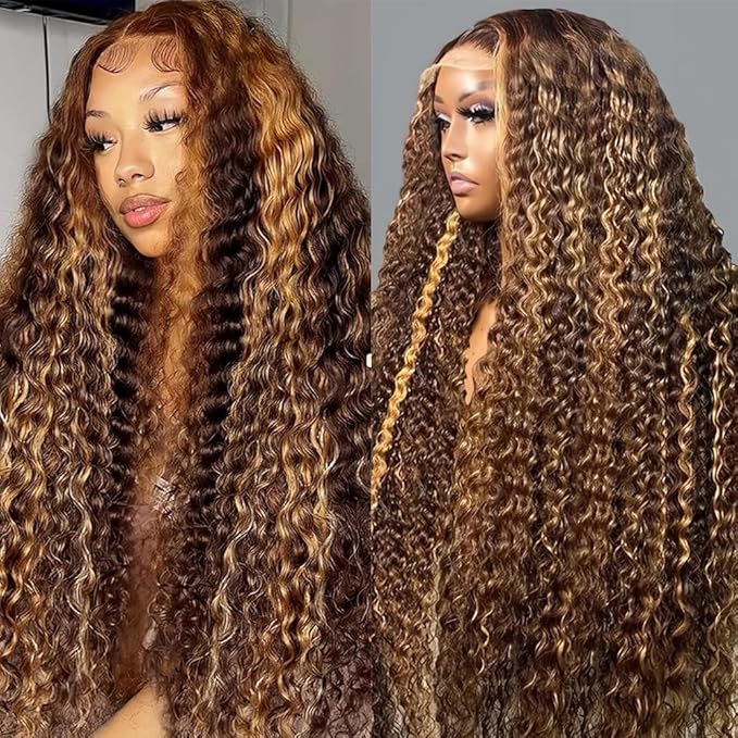 40 Inch Highlight Ombre Human Hair Wigs 13x6 HD Honey Blonde Deep Wave Lace Front Wigs Human Hair 180 Density Glueless Deep Wave 4/27 Colored Wet and Wavy Curly Wig Pre Plucked for Women