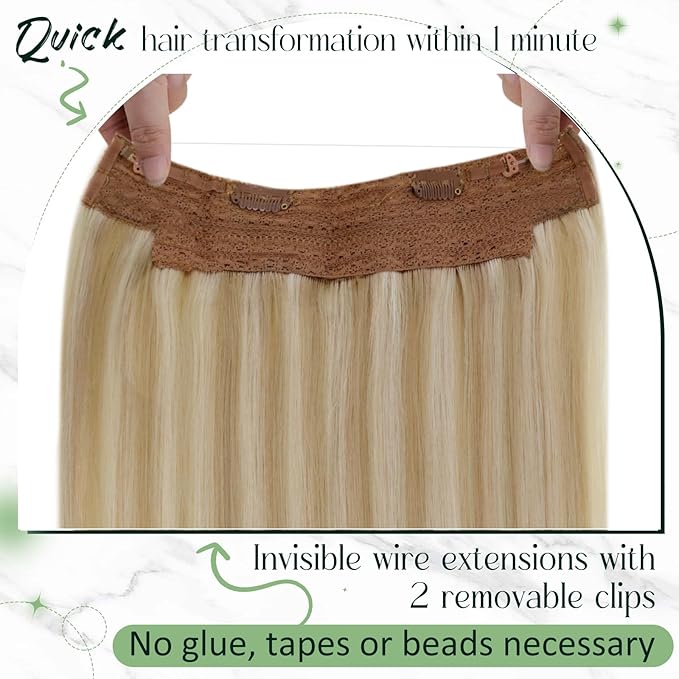 RUNATURE Wire Human Hair Extensions, Invisible Wire Hair Extensions Real Hair for Women, One Piece Clip in Fish Line Extensiosn, Doubel Weft Remy Brazilian Natural Hair, 18 Inch 80g #18P613