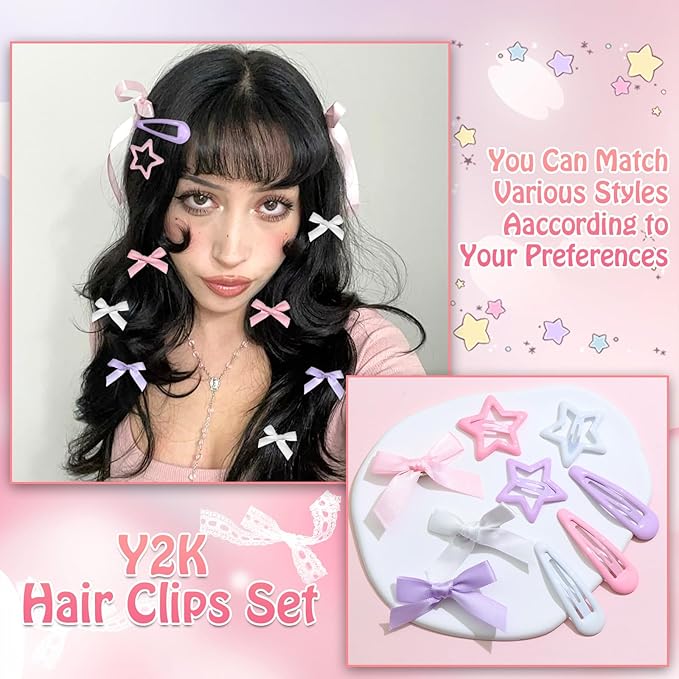 36Pcs Y2k Pink Bow Hair Clips Water Drop Snap Hair Barrettes Metal No Slip Star Hair Clips White Mini Hair Bows Bowknot Star Hair Accessories for Women Girls