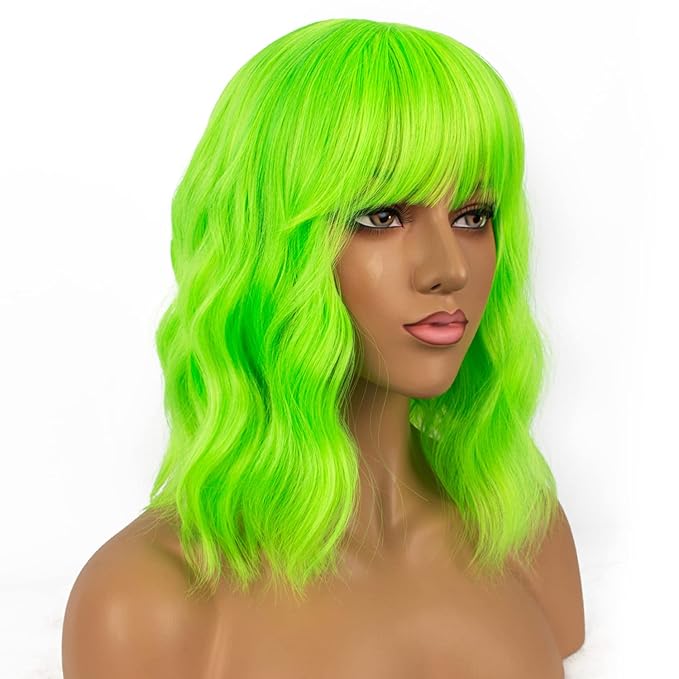 Short Bob Wigs with Bangs for Women Loose Wavy Wig Curly Wavy Shoulder Length Bob Synthetic Cosplay Wig for Girl Colorful Costume Wigs (Neon Green)