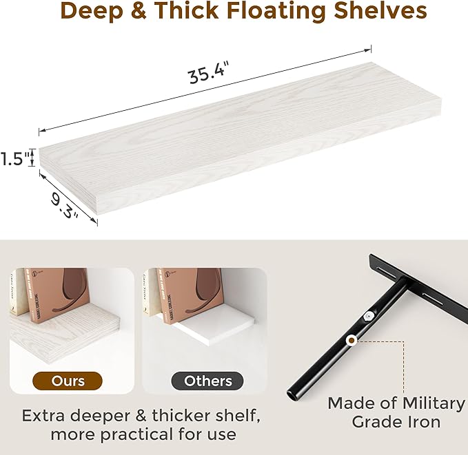 Fun Memories Rustic Wood Floating Shelves for Wall, 36 x 9 Wall Shelves Set of 2, Deep Floating Shelf for Kitchen, Living Room Storage & Display, Deep Wooden Bookshelf, Brich Color