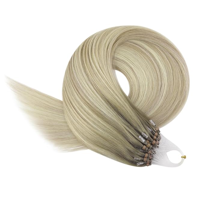 YoungSee Micro Loop Hair Extensions Real Human Hair Blonde Bead Hair Extensions Human Hair Ash Blonde Ombre Platinum Blond Microbead Human Hair Extension Balayage for Adding Hair Length 22In 50s/50g